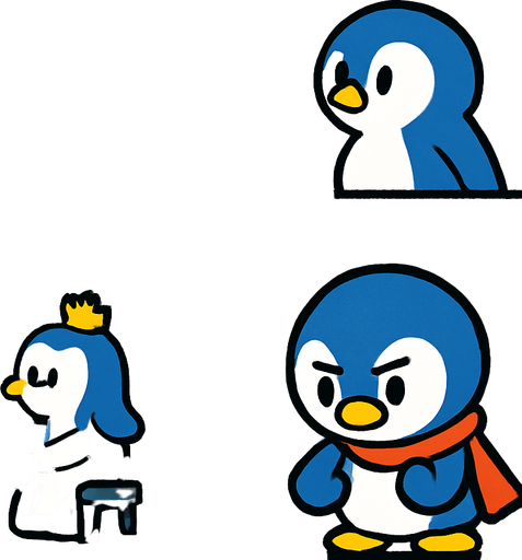 4-panel comic strip, no text, cute cartoon style, bright colors, black outlines.
Characters: Penguin Hero (small, determined) + Penguin Princess (elegant, crown) + Village Penguins
Central Theme: Music connects hearts, piano mastery wins love.  Hero sees Princess's beautiful piano playing, falls in love

Panel 1: Hero living normal life in penguin village
Panel 2: Hears beautiful piano music from Princess's ice palace
Panel 3: Sees Princess playing gracefully, hearts float around Hero
Panel 4: Hero determined but nervous, looking at his flippers.
In-Game asset.  2d.  High contrast.  No shadows