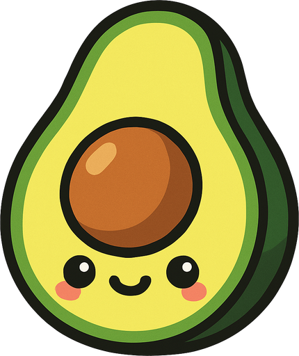 A cut in half avocado with cute face.
In-Game asset.  2d.  High contrast.  No shadows