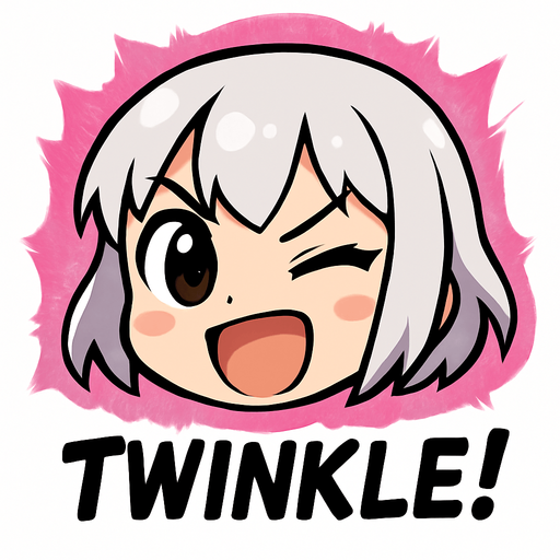 Haz una animación en la que solo se vea su cara recortada, un aura de energía rosada rodeándola, y que aparezca como una viñeta que demuestre que está a punto de hacer su acción definitiva. Que escriba la palabra TWINKLE! abajo a la derecha. La imagen debe tener un fondo color blanco