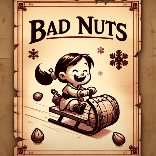 a pergament letter with the name "Bad Nuts". It has a evil looking little girl brat with a ponytail on a sledge on it. vertical. Single Game Texture. In-Game asset. 2d. Blank background. High contrast. No shadows.