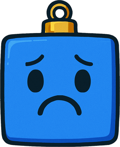 a sad Perfectly square bright cobalt blue Christmas decoration with cute happyy face. Cartoon style. Cute art style. Simple vector style. No Shadows Single Game Texture. In-Game asset. 2d. Blank background. High contrast. No shadows..
In-Game asset.  2d.  High contrast.  No shadows