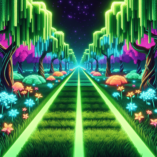"A straight grassy path with glowing green neon edges, lined with vibrant flowers and futuristic-looking trees on both sides. The background is in a cyberpunk style with soft glowing grass, bioluminescent flowers, and stylized trees with colorful leaves. Bright, clean night setting with a subtle purple-blue sky glow in the distance, suitable for a side-scrolling neon runner game. Stylized, vibrant, 2D art.".
Single Game Texture.  In-Game asset.  2d.  Blank background.  High contrast.  No shadows
