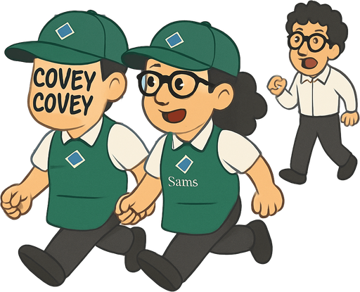 Los dos persoanjes que van corriendo tienen que llevar ropa similar, la cual es Mandil verde con logo de sams club, al igual que la gorra.
Playera blanca de polo y pantalones negros.
La chica usa lentes y el molote es mas pequeño.
Que los colores sean mas claros, no quiero ese tono sepia