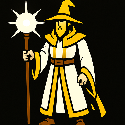 Light wizard con cuerpo entero.
In-Game asset.  2d.  High contrast.  No shadows