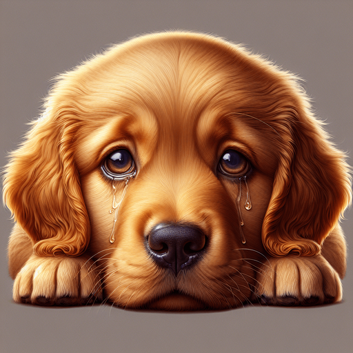 a sad crying golden retriever puppy. lying down. face on front paws. looking at viewer..
Single Game Texture. In-Game asset. 2d. Blank background. High contrast. No shadows.