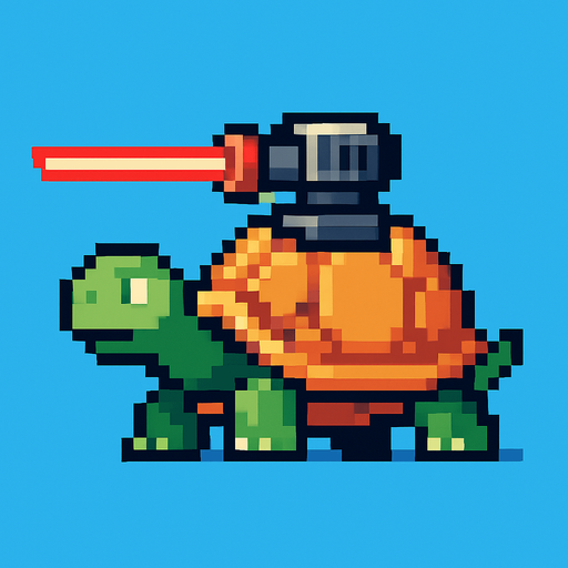 a turtle with a laser on her shell, pixel art.
In-Game asset.  2d.  High contrast.  No shadows