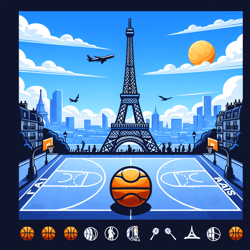 Paris.
Paris basketball backgroung. Eiffel Tower. Eurosport logo.
Single Game Texture. In-Game asset. 2d. Blank background. High contrast. No shadows.