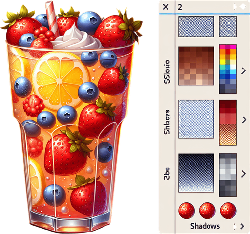A nice glass of lemonade with strawberries and blueberries.
Single Game Texture. In-Game asset. 2d. Blank background. High contrast. No shadows.