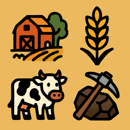 My farm, wheat, cow, ore, pickaxe. Starting screen style.
In-Game asset.  2d.  High contrast.  No shadows