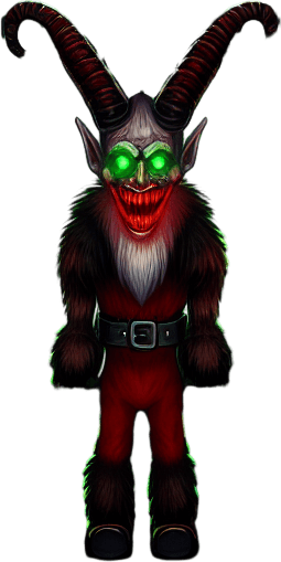 Eerie Christmas-inspired toy shop The only text on screen should be the title "Krampus Lockdown" centered on the image..
Single Game Texture. In-Game asset. 2d. Blank background. High contrast. No shadows.