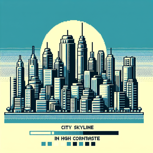 An 8-bit city skyline with towers.
Single Game Texture. In-Game asset. 2d. Blank background. High contrast. No shadows.