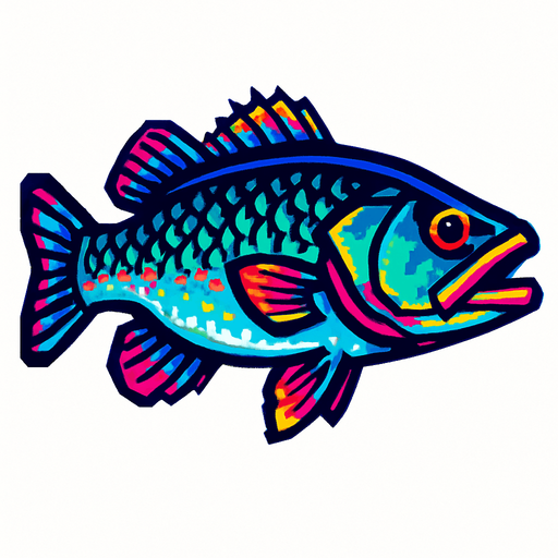 A sea bass. 80s arcade machine graphics. 
Swimming Side profile. White background. 
In-Game asset.  2d.  High contrast.  No shadows
