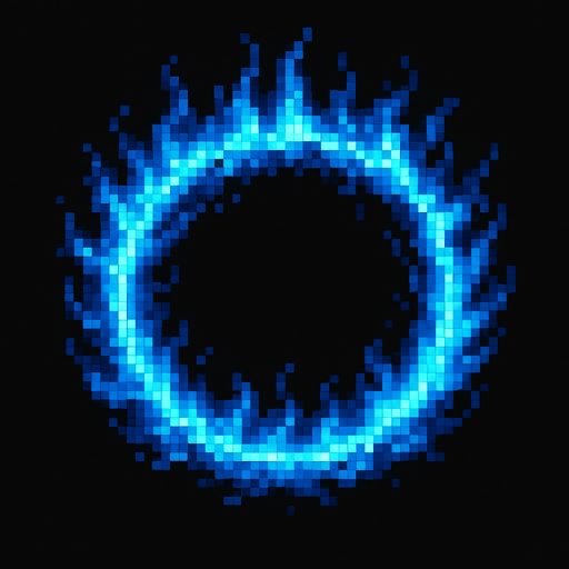 A blue ring of nuclear fire seen from overhead.
Single Game Texture. In-Game asset. 2d. Blank background. High contrast. No shadows. pixel art