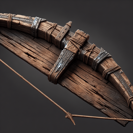 A rugged medieval bow with a wooden frame and slightly frayed string, perfect for a fantasy setting..
Game asset. Rustic and worn. Medieval fantasy style. High detail with visible wood grain.