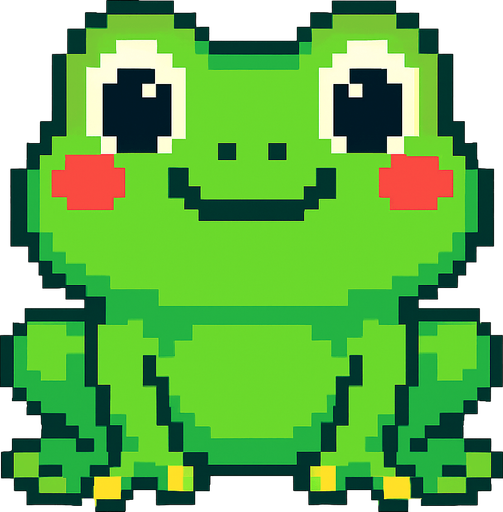 La rana debe ser un personaje simpático de color verde brillante, con ojos grandes y expresivos que miran al frente, mejillas redondeadas y una sonrisa divertida; su cuerpo debe ser compacto y ligeramente ovalado, con patas traseras marcadas pero no exageradas, diseñada en estilo pixel art, y puede tener una pequeña animación de parpadeo o un leve rebote para darle vida; el fondo debe ser transparente y el estilo visual debe coincidir con un juego colorido y casual..
In-Game asset.  2d.  High contrast.  No shadows