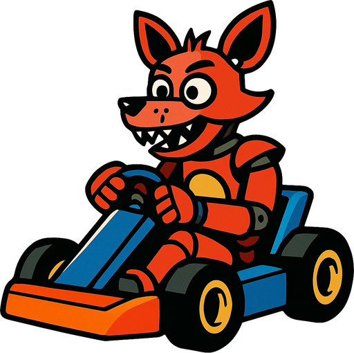 Un zorro rojo animatronico en un kart.
In-Game asset.  2d.  High contrast.  No shadows