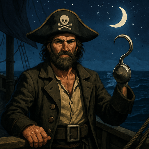 Pirata con sombrero pirata y garfio, en barco pirata, navegando sobre el mar en una noche estrellada, algo realista, pero fuera de lo caricaturesco.
In-Game asset.  2d.  High contrast.  No shadows