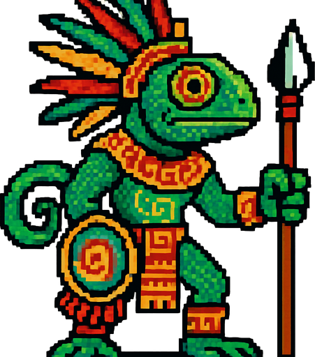 Generame un guerrero azteca con patrones, estilo pixelar, ademas sera un Camaleón de Cundinamarcahumanoide.
In-Game asset.  2d.  High contrast.  No shadows