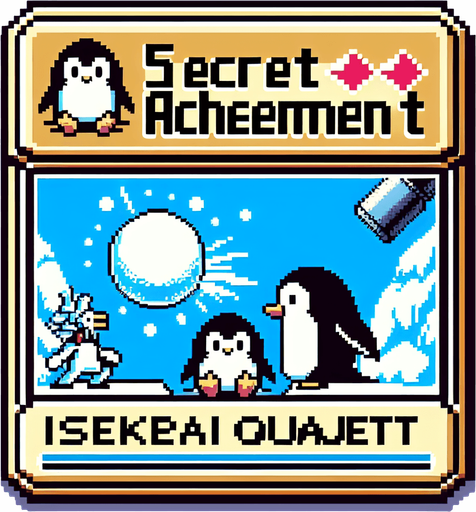 Make a 8-bit secret achievement.
Title:isekai quartet
description:hit the snowball at a penguin in a position of a character positioned in the isekai quartet logo