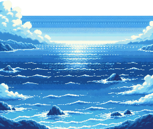 sea and sky,pixel,realistic but detailles benzer renkler mavi ve mavi
Single Game Texture.  In-Game asset.  2d.  Blank background.  low contrast.  No shadows