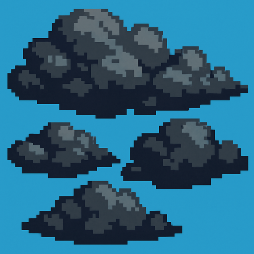 Grandes nubes grises , pixelart.
In-Game asset.  2d.  High contrast.  No shadows