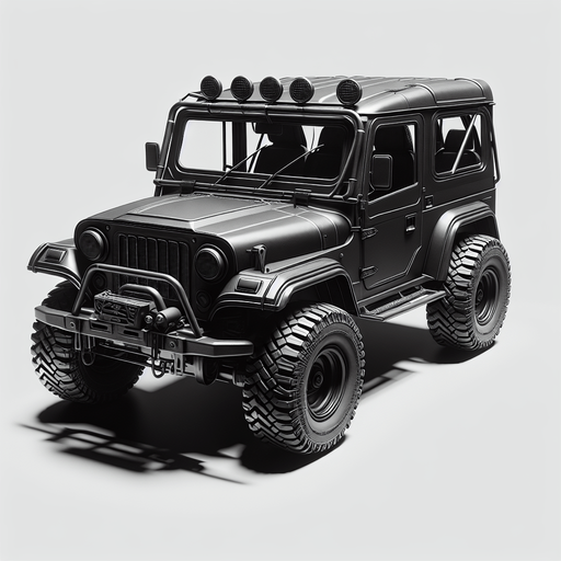 Mahindra thar 4×4 in black color and realistic.
Single Game Texture. In-Game asset. 2d. Blank background. High contrast. No shadows.