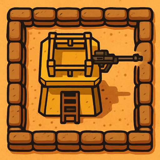 Top view of an Yellow defense Military tower Sniper, in the desert, the image has a square border outlined by military defense Brown sandbags.
In-Game asset.  2d.  High contrast.  No shadows