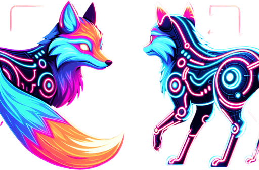 🦊 Animal-based	" a back side view of neon cyber fox, glowing fur, sleek design".
Single Game Texture.  In-Game asset.  2d.  Blank background.  High contrast.  No shadows