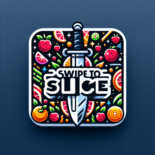 game icon for a video game called fruit slash, show an fruits cutting with sword symbols in the fore ground show the name of the game  "Swipe to Slice "big in the center with the fruits underneath.
Single Game Texture.  In-Game asset.  2d.  Blank background.  High contrast.  No shadows