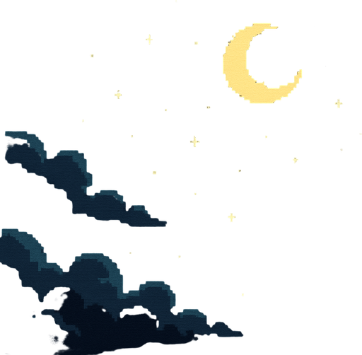 Night sky background, dark blue clouds, stars and moon, peaceful nighttime atmosphere, 2D pixel art.
In-Game asset.  2d.  High contrast.  No shadows