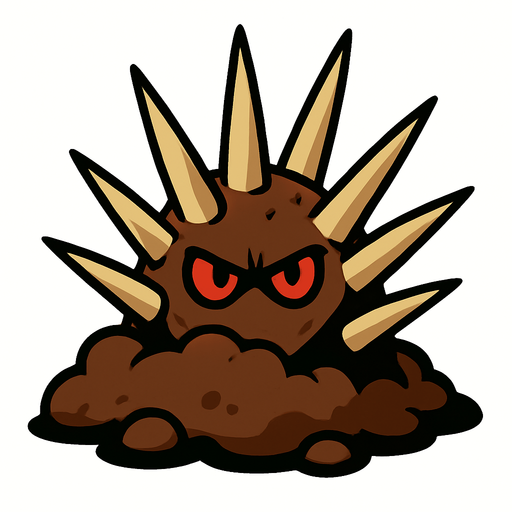 una planta que emerge del suelo como una masa de tierra marrón, semi-enterrada. De ella sobresalen una serie de púas afiladas de color beige, de diferentes tamaños y ángulos, dispuestas en varias filas. En el centro, asoman dos ojos pequeños y rojos, con una mirada intensa y ligeramente enojada..
In-Game asset.  2d.  High contrast.  No shadows