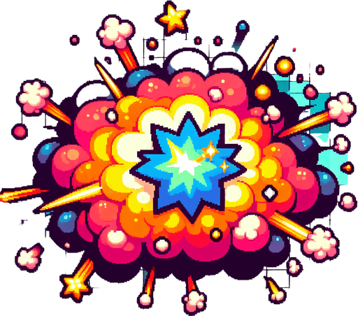 a cartoon explosion. pixel art style..
Single Game Texture. In-Game asset. 2d. Blank background. High contrast. No shadows.