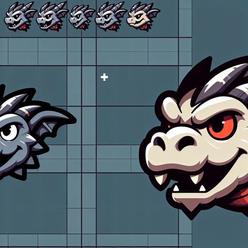 A sprite sheet for a dragons head. Head straight forward with mouth open and one with mouth closed. Cartoon..
Single Game Texture.  In-Game asset.  2d.  Blank background.  High contrast.  No shadows