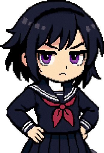 A cute anime-style girl in pixel art, with an emo aesthetic and striking purple eyes. She wears a classic Japanese school uniform (sailor fuku) and is often shown with a slightly grumpy expression, reflecting a bit of a tsundere personality. She stands confidently with her hands on her hips and a slight tilt to her posture. Behind her is a typical Japanese classroom, enhancing the school-themed atmosphere..
In-Game asset.  2d.  High contrast.  No shadows
