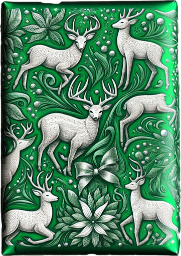 Green Christmas wrapped box with deer designed, front view.