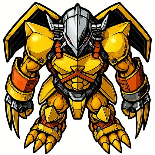 Wargreymon, visto desde arriba, detalles muy altos, sin errores idéntico.
In-Game asset.  2d.  High contrast.  No shadows