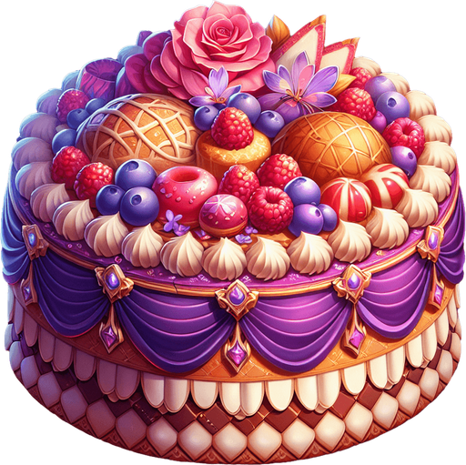 le plus délicieux gâteau/pâtisserie de luxe du monde..
Single Game Texture.  In-Game asset.  2d.  Blank background.  High contrast.  No shadows