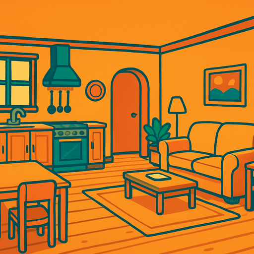 The inside of a quiet and peaceful house with no people inside.
In-Game asset.  2d.  High contrast.  No shadows