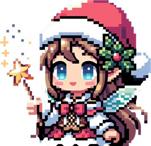 a cute little fairy standing with a santa hat and a magic wand Single Game Texture. In-Game asset. 2d. Blank background. High contrast. No shadows.