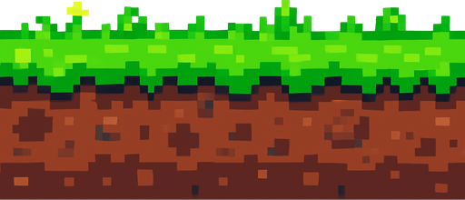 A flat, horizontal ground layer made of bright green grass on top and brown soil underneath, designed in pixel art style. The grass is slightly jagged at the top to suggest texture, and the soil has subtle pixel shading with small rocks and dirt patches. The image should be side-view and seamless, suitable for a 2D side-scrolling game like Flappy Bird, with tiny pixel flowers or varied shades of green for extra detail..
In-Game asset.  2d.  High contrast.  No shadows. pixel art. side view. seamless. ground texture. retro style