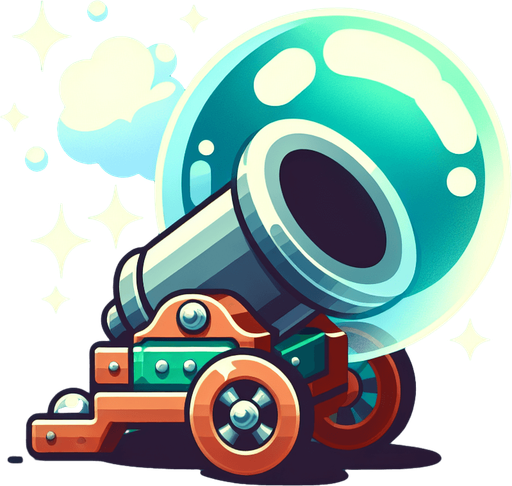 A cannon made out of a bubble.
Single Game Texture.  In-Game asset.  2d.  Blank background.  High contrast.  No shadows