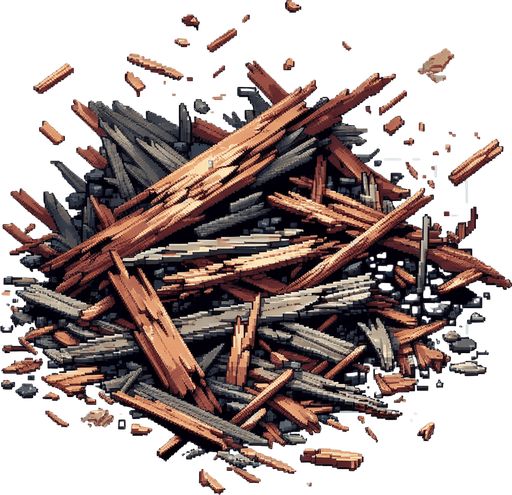 2D wreckage of wood, square, HD colors.
Single Game Texture.  In-Game asset.  2d.  Blank background.  High contrast.  No shadows