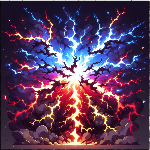 A branching pattern like lightning or cracks, but made of chaotic, multi-colored energy. Could also be a visual of one chaotic explosion triggering others nearby..
Single Game Texture.  In-Game asset.  2d.  Blank background.  High contrast.  No shadows