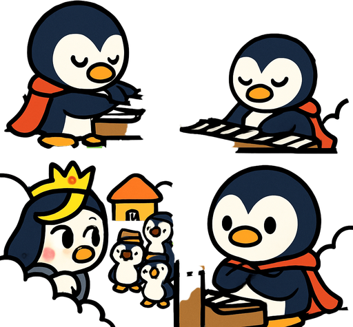 4-panel comic strip, no text, cute cartoon style, bright colors, black outlines.
Characters: Penguin Hero (small, determined) + Penguin Princess (elegant, crown) + Village Penguins
Central Theme: Music connects hearts, piano mastery wins love. Story: Hero finds his true musical voice and inner strength

Panel 1: Hero alone with piano, plays from his heart instead of trying to impress
Panel 2: Beautiful, unique music flows from him, notes shimmer with emotion
Panel 3: Princess secretly listens from distance, moved by his genuine music
Panel 4: Hero realizes music should come from the heart, not ego. 
In-Game asset.  2d.  High contrast.  No shadows