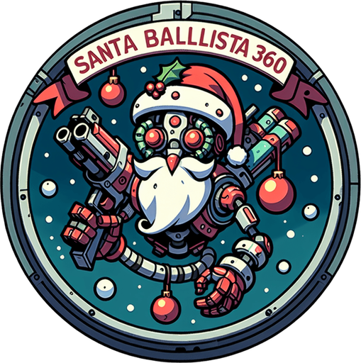 Icon for a mechanical arm, on a circle, with the text „Santa Ballista 360“ at top, cartoon, christmas style Single Game Texture. In-Game asset. 2d. Blank background. High contrast. No shadows.