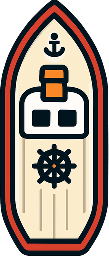 2D vector illustration of a ship from top view perspective, minimalistic flat design, clean lines, no background (transparent), realistic ship shape, visible deck, helm, and other top-side details, symmetrical composition..
In-Game asset.  High contrast.  No shadows