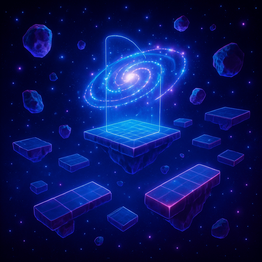3d hologram neon cyberpunk starlight magick galaxy overlay projection asteroid starfield Platforming magical dimension pathway level obstacle layout videogame