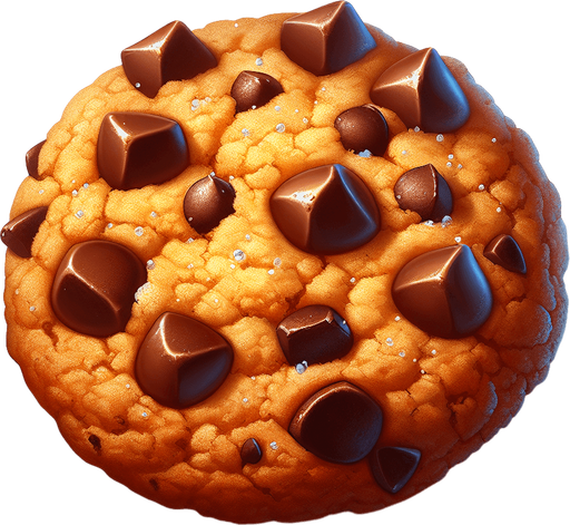 A chocolate chip cookie.
Single Game Texture.  In-Game asset.  2d.  Blank background.  High contrast.  No shadows