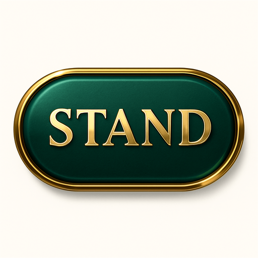 Crea un asset visual para el botón 'STAND' (Plantarse) para la mesa de Blackjack de lujo.

Objetivo: Un botón claro y elegante que permita al jugador finalizar su turno, coherente con la opulencia del casino.

Diseño:

Forma: Óvalo o rectángulo con bordes suaves, prominente y fácil de pulsar.

Texto Central: La palabra 'STAND' (o 'PLANTARSE') en mayúsculas, con tipografía audaz, limpia y elegante de casino.

Color: Base en un color que contraste con 'HIT' y 'DEAL' pero mantenga la elegancia. Considera un verde esmeralda profundo o un azul zafiro, con acabado metálico o pulido.

Borde: Un borde brillante en dorado o plateado.

Efectos (si Upit lo permite):

Sutil efecto de relieve o biselado para darle profundidad.

Un ligero brillo o resplandor que lo haga destacar.

Textura que simule metal pulido o un material lujoso.

Fondo: Asset independiente con fondo transparente.

Sensación: Debe transmitir decisión, control y la profesionalidad del juego..
In-Game asset.  2d.  High contrast.  No shadows