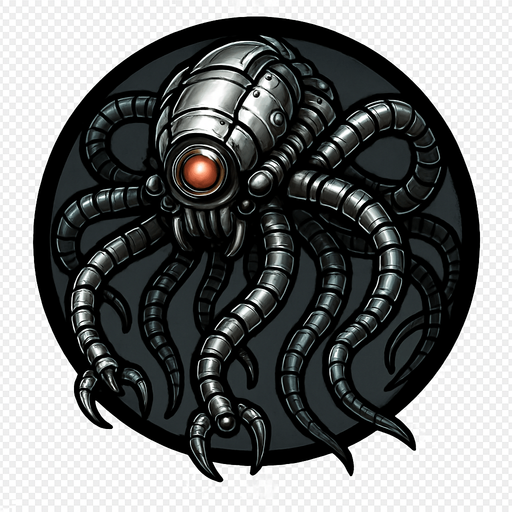 Creat a singular circular asset that features a 3D version of a sentinal from the film the matrix. Asset to have a metallic feel, and the background is to be transparent.
In-Game asset.  2d.  High contrast.  No shadows
